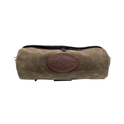 Cylinder shaped field tan waxed canvas handlebar bag