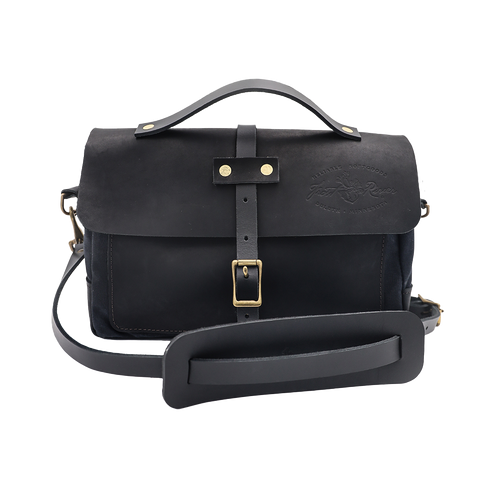 Black leather and waxed canvas briefcase shoulder bag. 